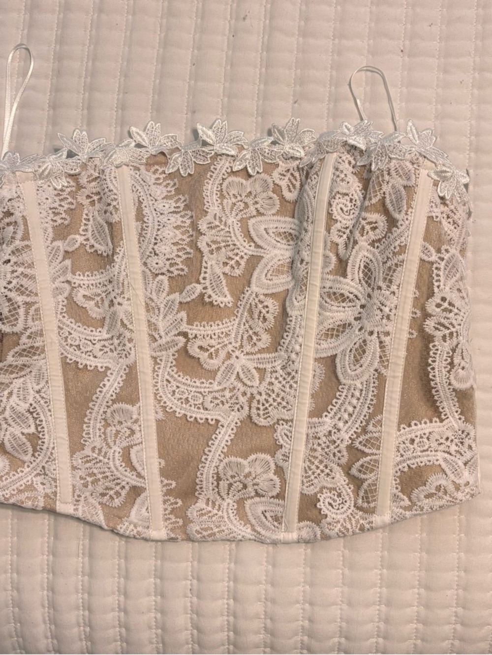 White Lace Appliqué Bustier Crop Top with Nude Lining